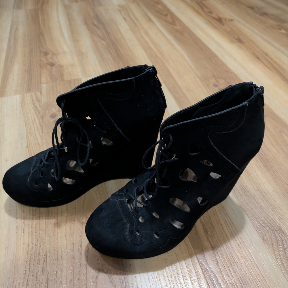 Black Lace-Up Wedge Ankle Boots